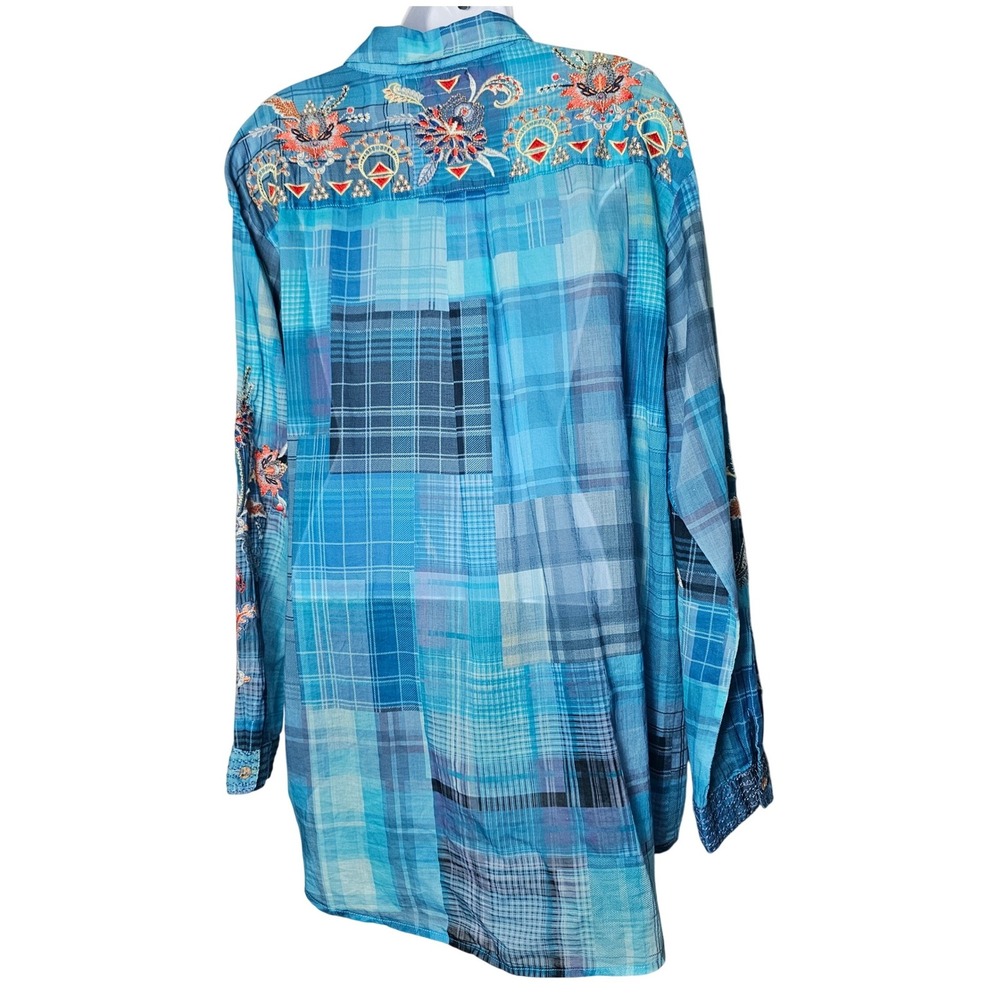 Johnny Was Blue Embroidered Button-Down Shirt - Picture 10 of 13
